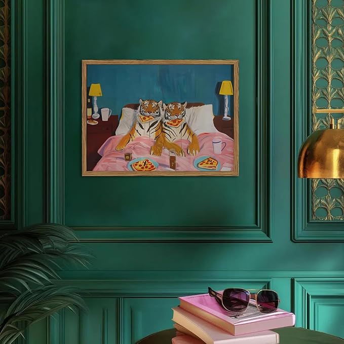 Framed Funny Tiger Wall Art, Eclectic Tigers Eating Pizza in Bed Pictures Wall Decor, Whimsical Animal Paintings Canvas Prints Humor Home Decor for Living Room Bedroom Office 12x16 inch