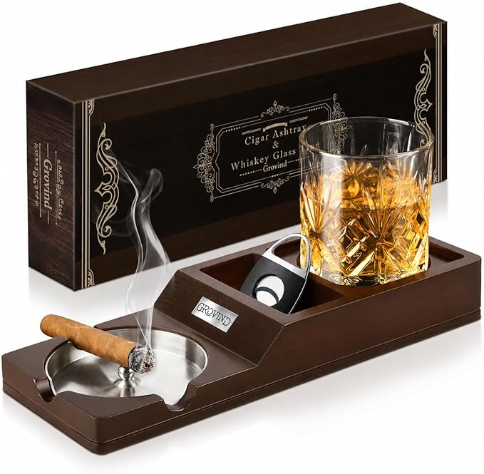 Cigar Ashtray,Wooden Ashtrays with Whiskey Glass Tray -Cigarette Holder,Cigar Accessories Set,cigar Gifts for Men Father's Day,Outdoor Ashtrays for Patio,Ash Trays Indoor Home Decor