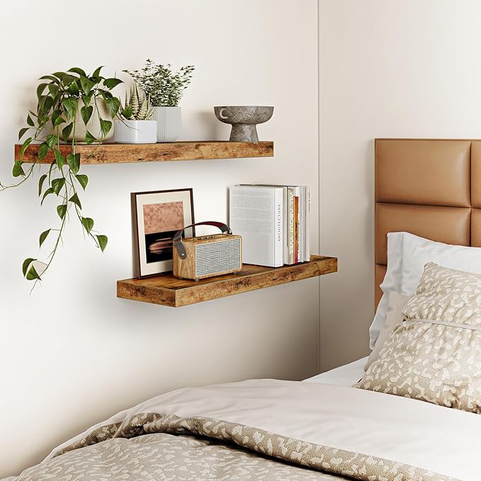Fixwal Wood Floating Shelves for Wall, 22" Long Wall Mounted Shelves for Living Room, Bedroom, Bathroom and Kitchen, Wall Shelves for Storage, Books, Room Decor (Rustic Brown, Set of 2)