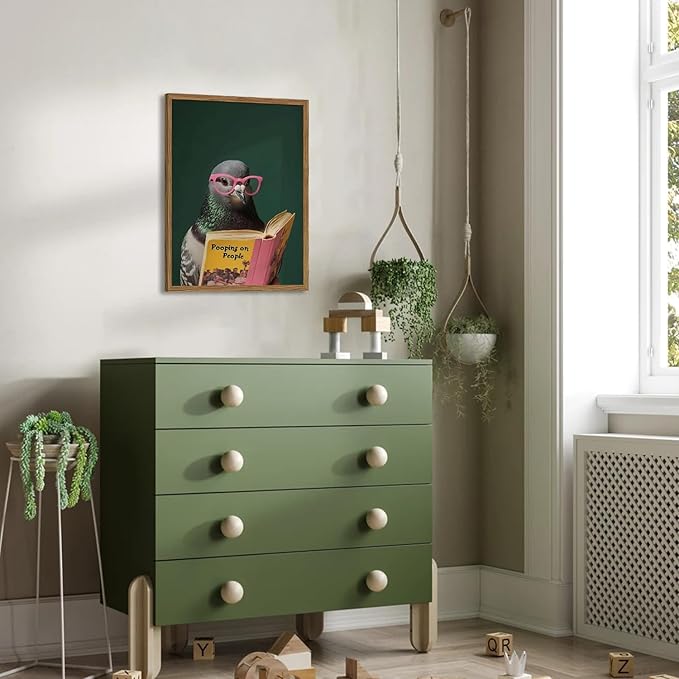 Framed Funny Pigeon Wall Art, Humorous Bird Reading Wall Decor Paintings, Pooping on People Book Pictures Canvas Print Eclectic Home Decor for Bathroom Living Room Office Dorm 16x24 inch