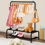 Kids Clothing Rack - Small Garment Rack - Small Kids Costume Wardrobe Rack with 2 Fabric Floors Storage Shelf - Mini Short Baby Toddler Clothes Rack