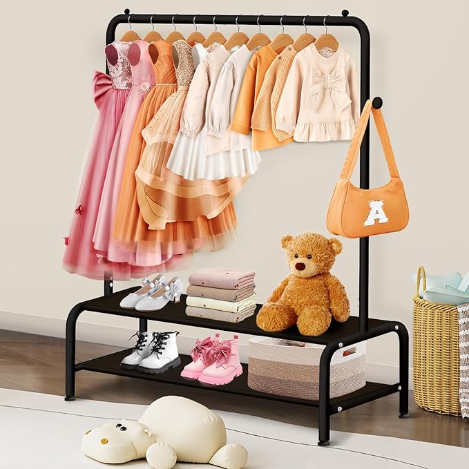 Kids Clothing Rack - Small Garment Rack - Small Kids Costume Wardrobe Rack with 2 Fabric Floors Storage Shelf - Mini Short Baby Toddler Clothes Rack