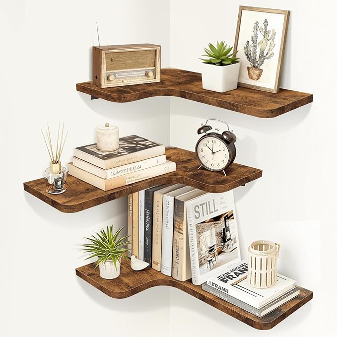 Homode Corner Floating Shelves, Corner Shelves Wall Mounted with Cord Hole, Set of 3 L Shape Wood Wall Storage Shelves for Living Room Bedroom Bathroom Kitchen, Rustic Brown