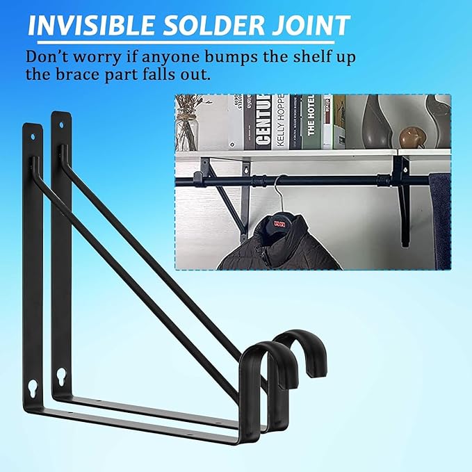 4 Pack Heavy Duty Closet Shelf and Rod Brackets 300lbs, 11 x 11 Inch Wall Mounted Closet Shelves Bracket with Rod Shelving Support, Black Closet Pole Holder Bracket with Screws