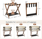 Fully Assembled Walnut Luggage Racks Set of 2, Bamboo 26.77" Luggage Rack Stand for Guest Room, 5 Nylon Straps, Foldable Suitcase Stand with Storage Shelf for Bedroom Hotel, Holds up to 165 Lbs
