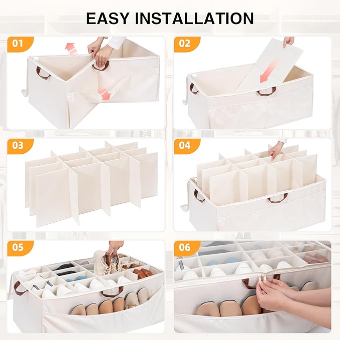 STO STO Shoe Organizer for Closet, Fits Up to 16 Pairs, XL Shoe Box Containers with Adjustable Dividers, Clear Cover Shoe Storage Bins, Stackable Space Saving Shoes Holder for Shoes and Boots, Beige