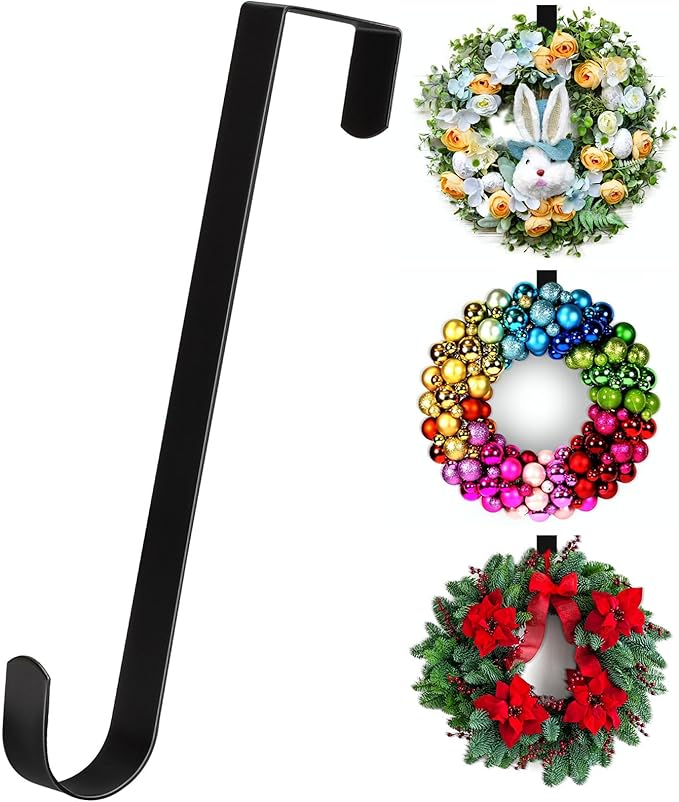 15” Wreath Hanger Over the Door Hooks, Non Scratch Wreath Door Hanger Hooks for Hanging Welcome Sign, Metal Wreath Hangers for Front Door Décor, Thin Door Hanger for Easter Halloween Home Decoration