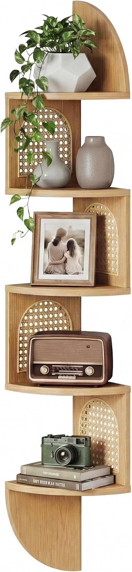 5-Tier Floating Corner Shelves for Wall, Zigzag Corner Shelf Unit, PVC Rattan Sides, Space-Saving, for Kitchen, Living Room, Bedroom, Boho Style, Oak Beige