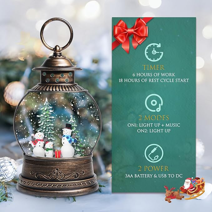Snow Globes, Snowman Family,Glitter Water Christmas Lantern with 8 Songs, 6H Timer Battery & USB Powered Music Box,Gifts for Men and Kids, Indoor Christmas Decorations