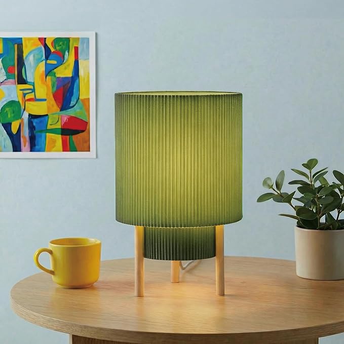 Buruis 2-Tier Table Lamp with Pleated Fabric Shade, Natural Rubber Wood Stand, UL Listed, 10'' Elegant Retro Mid-Century Bedside Lamp for Bedroom, Living Room, Bookshelf, Bulb Not Included, Green