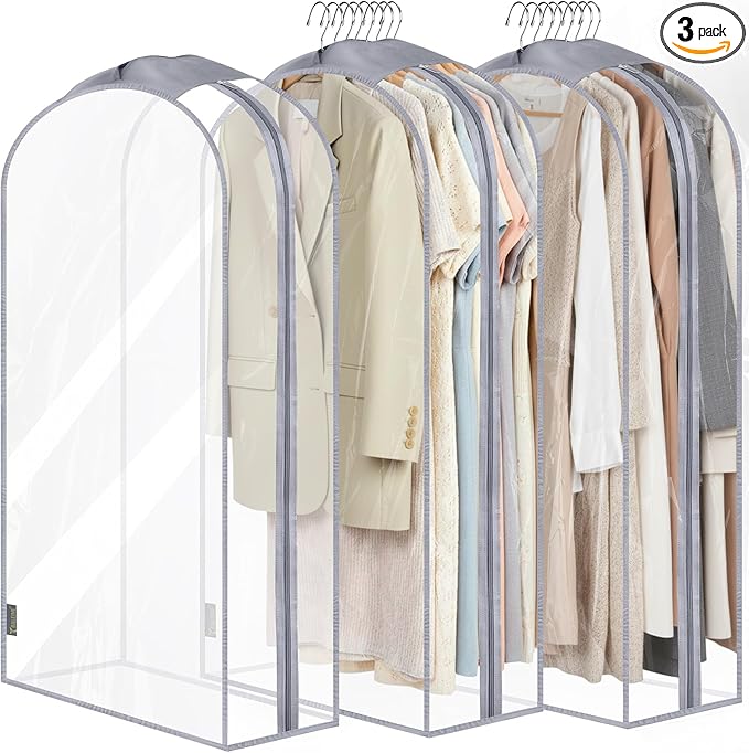 BALEINE 40'' Clear Garment Bags, 10.5'' Wide PEVA Suit Bag for Closet Clothes Dresses Suit Coats Storage (Clear, 3PK)