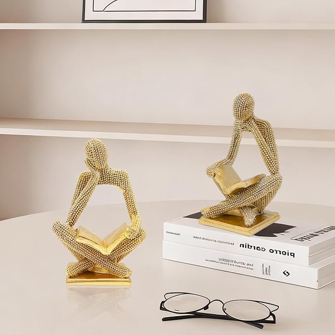 Sparkling Gold Reading Women Statue Set, Thinker Sculptures, Abstract Art Ornament, Modern Aesthetic Figurine Decoration for Home Living Room Bedroom Office Shelf Table Desk Bookshelf Decor