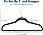 SereneLife Non-Slip Velvet Hangers, Mega Pack, 150 Pieces Hangers for Clothes, Heavy Duty Cloth Hanger Set with 360 Degree Swivel Hook, Black