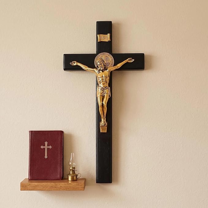 PHYUKEY St. Benedict Standing Crucifix 10.75in, Wooden Wall Cross with Golden Alloy Jesus Christ & INRI, Catholic Tabletop Crucifix with Detachable Stand - Confirmation & Home Altar Decor