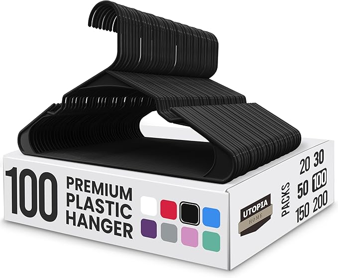 Utopia Home Plastic Hangers 100 Pack - Perfect Space Saving Clothes Hanger - Durable and Strong - Perfect Closet Organizers with Shoulder Grooves (Black)