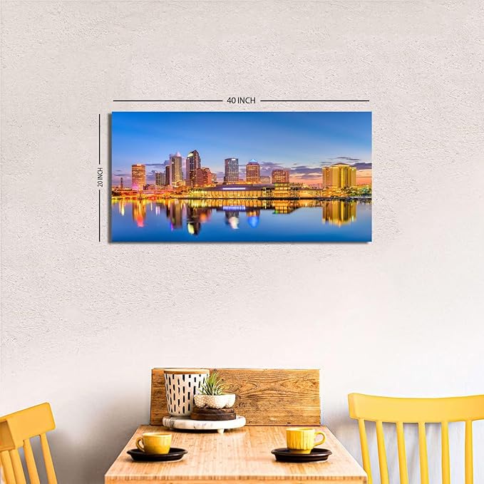 AIYISU Florida Skyline Wall Art USA City Poster Tampa Cityscape Picture Modern Office Wall Decor Blue Night Skyscraper Downtown River Reflection Painting Artwork for Living Room Decoration 20x40”