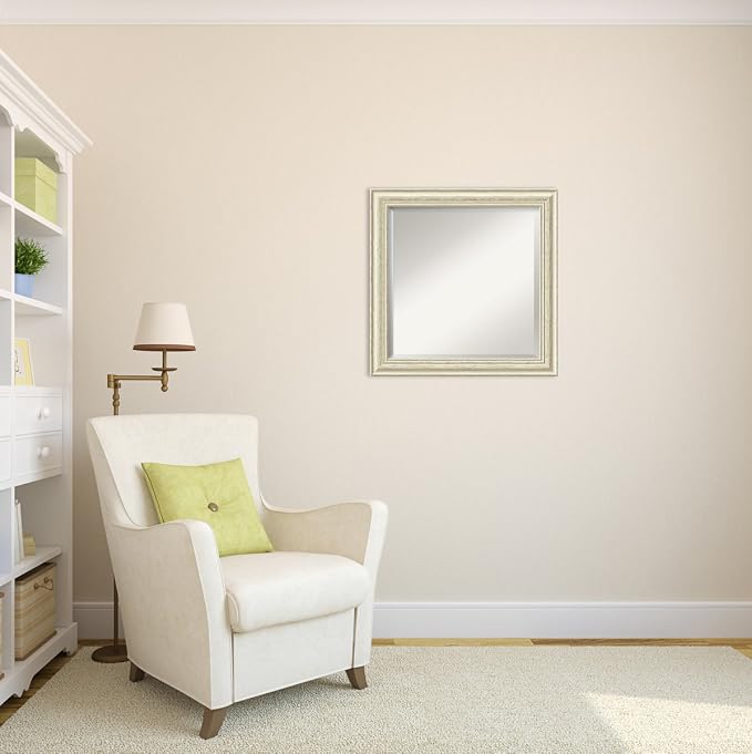Amanti Art White Wall Mirror 24x24 Country White Wash Square Bathroom Mirror for Wall Decor Living Room, Medium Country Rustic Wood Frame, Hangs Horizonally and Vertically, Bathroom Decor, Beveled