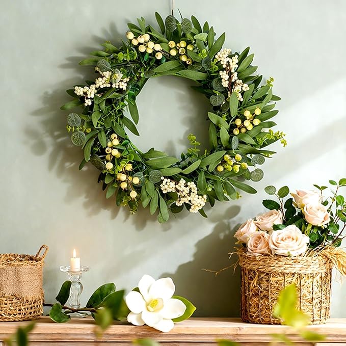 3 PCS Artificial Green Eucalyptus Wreaths for Front Door Spring Summer Greenery Teardrop Swag with Eucalyptus Leaves Olives Mixed Berry for Indoor Outdoor Farmhouse Home Wall Festival Wedding Decor