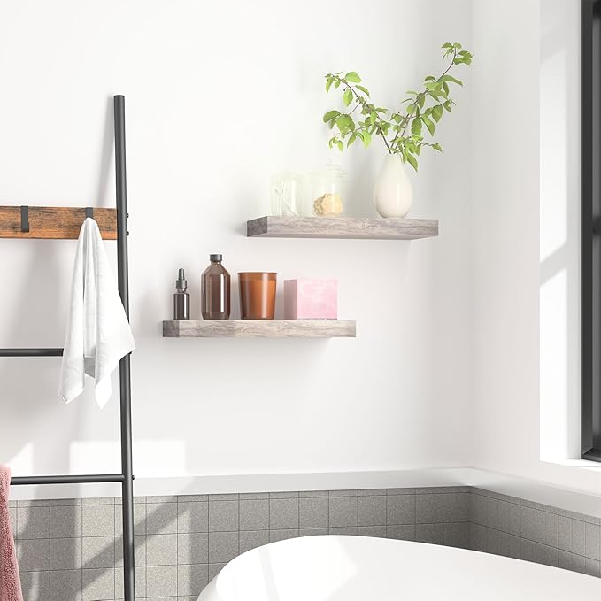 HOOBRO Floating Shelves for Wall, Wall Mounted Shelf Set of 2, 15.7" Hanging Shelf with Invisible Brackets, for Wall Decor Storage in Bathroom Bedroom Kitchen Living Room Office, Greige BG40BJ01