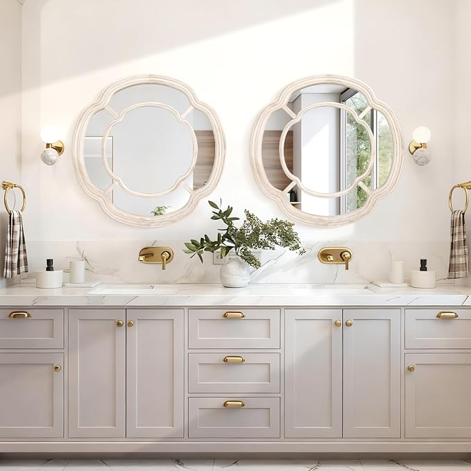 Irregular White Mirror, Wall Mounted Wavy Circle Large Mirror Wood Frame Round Hanging Decorative Mirros for Entryway Living Room Vanity and Bedroom, 20 Inch Home Decor