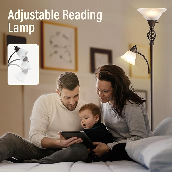 GyroVu Torchiere Floor Lamp for Living Room, LED Standing Reading Light for Bedroom with Glass Shade for Living Room Corner Bedroom Home Office,Bulbs Included (Red Brown,Glass 2 Head)