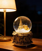 LED Music Snow Globe Vintage Eiffel Tower Buildings Embedded Carousel Retro Home Decoration for Book Shelf Cabinet Floating Board Office Desk Table Top Decor Centerpieces Ornament (Gold)