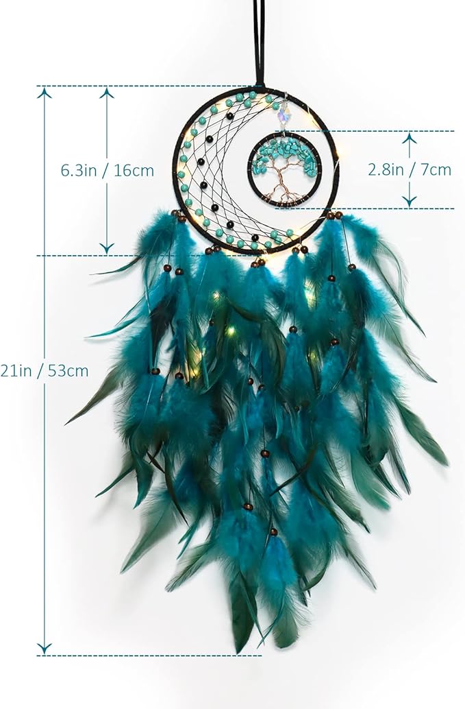 KHOYIME LED Dream Catcher Light Up Tree of Life Dreamcatcher with Healing Crystal Stone Handmade Feather Wall Hanging for Bedroom Bohemian Home Decor Wedding Ornament Craft Gift (Blue&Green)