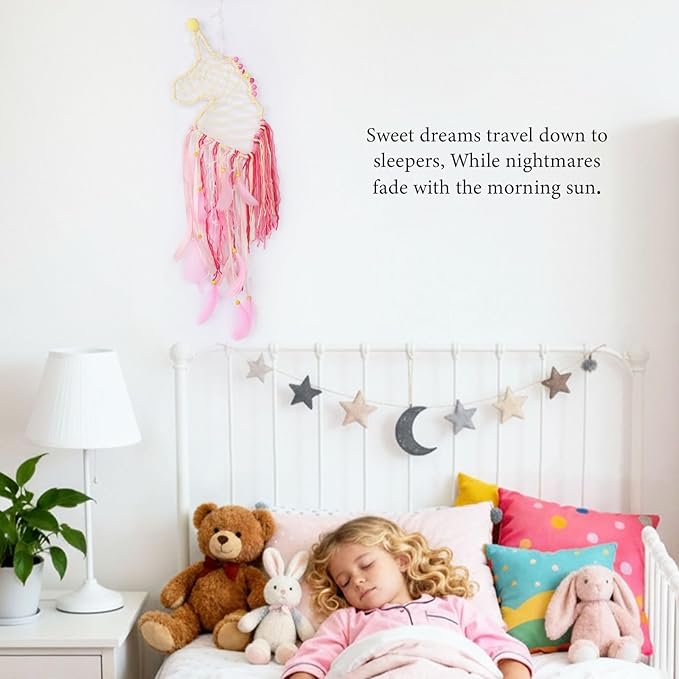 Pretty Jolly Unicorn Dream Catchers for Little Girls Bedroom Handmade Kids Dreamcatcher with Fluffy Pom Poms Feathers&Beads,Nursery Wall Decor for Toddler Girls Room,Children Birthday Gift(Yellow)