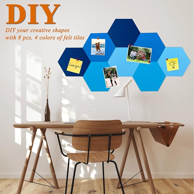 8Pcs Hexagon Felt Cork Board Tiles, Self Adhesive DIY Bulletin Board Pin Board for Office School Home Wall Decor Stickers Memos Photos Display (Gradual Blue)