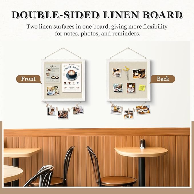DOLLAR BOSS Bulletin Boards with Linen 1-Pack 12''X 12'' Double-Sided Cork Board for Walls Wood Framed Bulletin Boards, Small Pin Board for Home Kitchen Office Decorative Hanging 10 Pushpins
