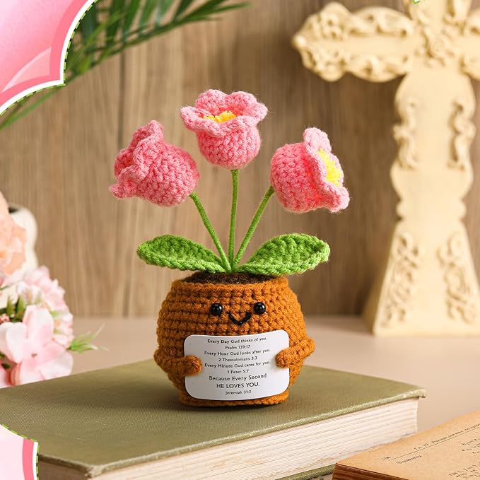 Wavwavw Christian Gift for Women Positive Handmade Crochet Doll with Bible Verse Prayer Card Inspirational Scripture Religious Crochet for Christmas Sunday Group Church(Pink Lily Valley)
