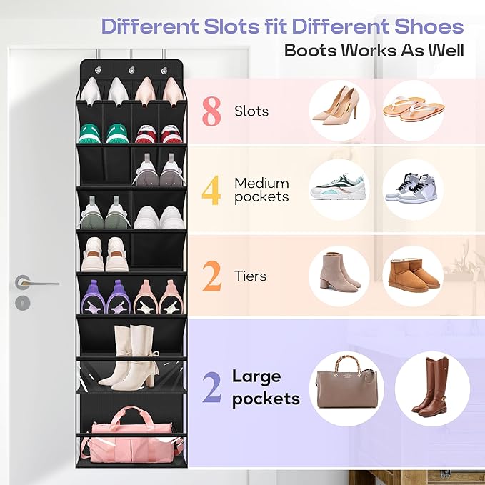 MISSLO Clear Over the Door Shoe Organizer Large Deep Pockets Hanging Shoe Rack for Closet Fit 20 Pairs Shoe Holder for Sneakers Boots Storage, Black