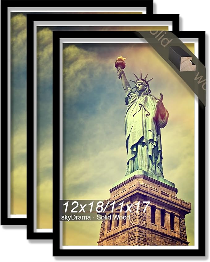 100% Solid Wood 12x18 Picture Frame Set of 3, Black Frame Display Photo 11x17 with Mat or 12 x 18 without Mat, 12by18 HQ Matte Black Frame for Wall - 3 Pack/Black/12 x18