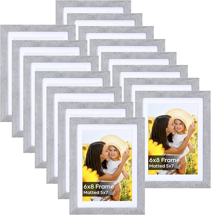 Lyeasw 5x7 Picture Frame 15 Pack, Display Pictures 5x7 with Mat or 6x8 without Mat, Grey Bulk Photo Frames for Wall or Tabletop