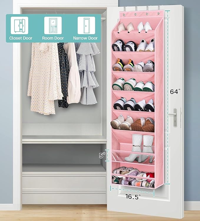 KEETDY Over The Door Shoe Organizer Fit 20 Pairs Sneakers Large Hanging Shoe Organizer for Closet Door Storage Boots, Pink