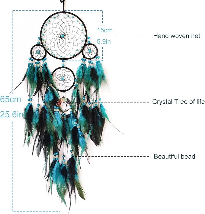 Blue and Black Dream Catcher with Crystal Tree of Life Large Dream Catchers Wall Decor Handmade Feather Dreamcatcher Wall Hanging Ornament for Bedroom Living Room Home Decor