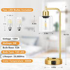 Innqoo Industrial Table Lamp for Bedroom Set of 2 - Fully Dimmable Bedside Lamps with USB Ports and Outlet, Gold Nightstand Lamps with Clear Glass Shade for Living Room, Desk Lamps for Office Reading
