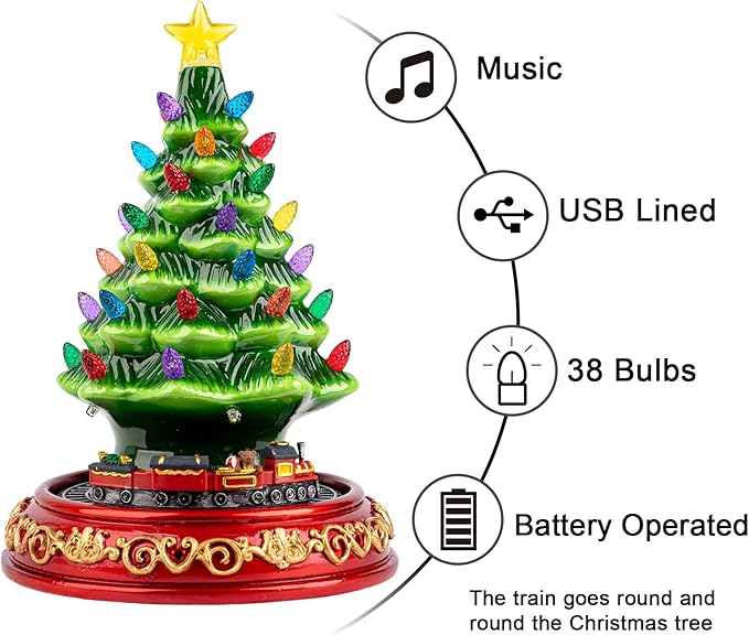 VISFLAIR Ceramic Christmas Tree with Rotating Train- Musical Christmas Tree Decorations with 38 Multicolored Lights for Home Tabletop Decor, Xmas Gift