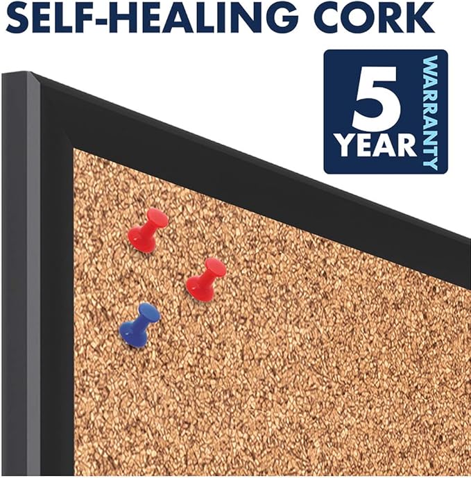 Quartet Cork Bulletin Board 36"W x 24"H Pin Board, Black Aluminum Frame (2303B)