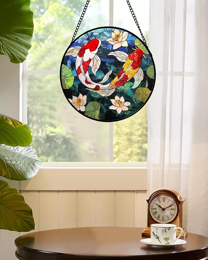 Stained Glass Window Hanging, Koi and Lotus Sun Catcher for Door Home Decor Fish Suncatcher Christmas Mother's Day Birthday Gifts for Women Men Mom and Nana 15 in