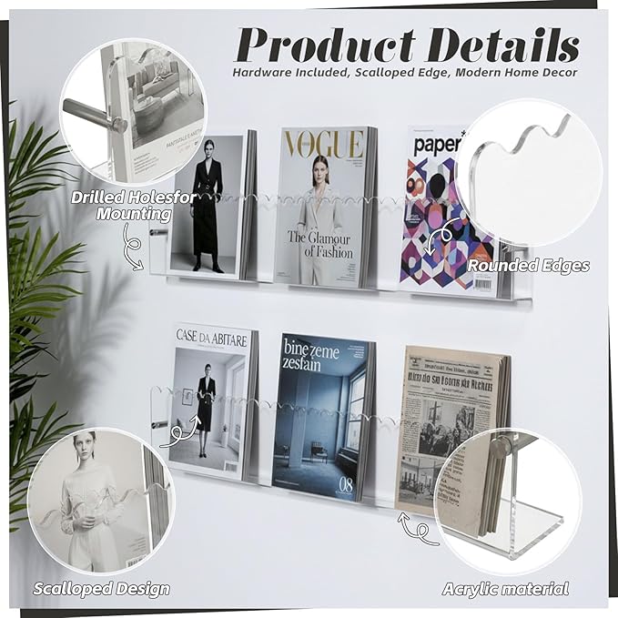 2 Pack Acrylic Magazine Holder Wall, 24 Inch Clear Floating Shelves Wall Mount Brochure Record Holder, Hanging Scalloped Bookshelf Literature Organizer for Nursery Waiting Room Living Room Office