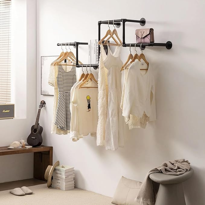 Industrial Pipe Clothing Rack with 2 Floating Shelves, 4 Hanging Rods Wall Mounted Garment Rack, Heavy Duty Iron Clothes Bar, Space-Saving Clothing Hanging Rails for Closet (4 hanging rods 2 shelves)