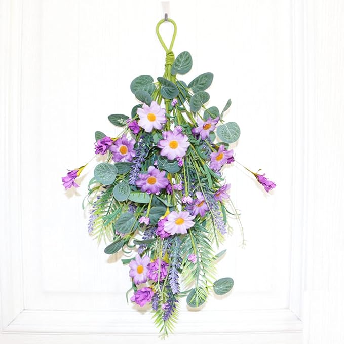 19.7in Purple Lavender Daisy Teardrop Swag, Artificial Floral Swag with Green Leaves, Fake Daisy Flower Swag Front Door Decorative Swag for Door Wall Wedding Arch Decor(Multicolour)