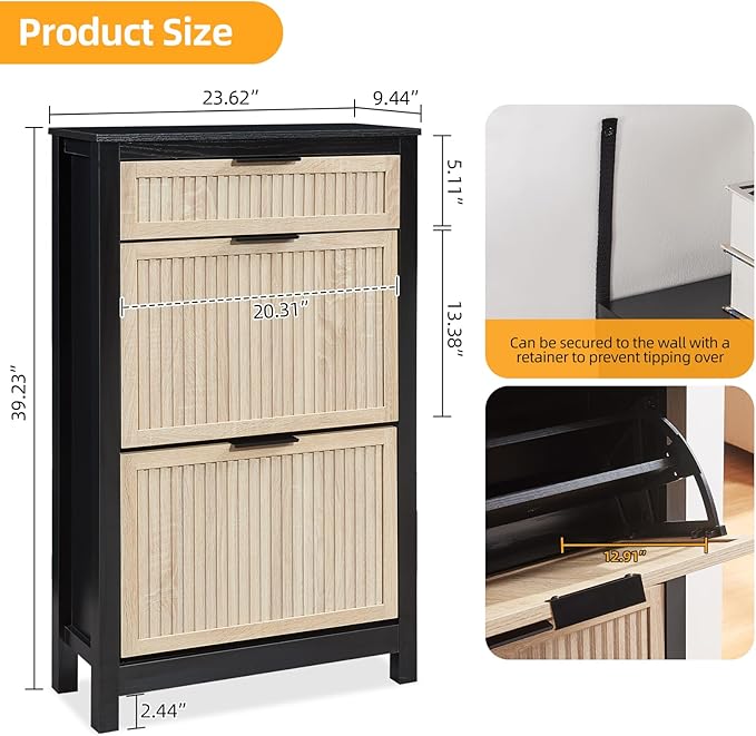 2 Flip Drawers Shoe Cabinet Storage for Entryway, Narrow Shoes Organizer Cabinet for Front Door Entrance, Free Standing Hidden Wooden Hallway Shoe Rack(Oak&Black)