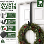 HappyFiller 15" Wreath Hanger for Front Door, Ultra-Sturdy Metal Over the Door Hook for Christmas, Easter & Seasonal Decor, Slim Fit Heavy Duty Single Door Hanger, Weather-Resistant, Matte Black