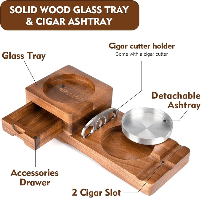 Scotte Ashtray Coaster Whiskey Glass Tray & Wooden Ash Tray with Cigar Cutter,Include Drawer and Cigar Slot Home Office Outdoor Great Cigar Accessories for Men