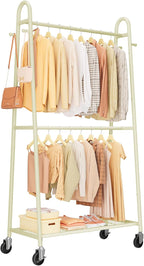 Heavy Duty Clothes Rack, Metal Clothing Rack with Double Hanging Rods, 4 Hooks & Mesh Shelf, Freestanding Garment Rack with Triangular Design for Bedroom Closet, 36.5" x 16.9" x 72.8", Beige