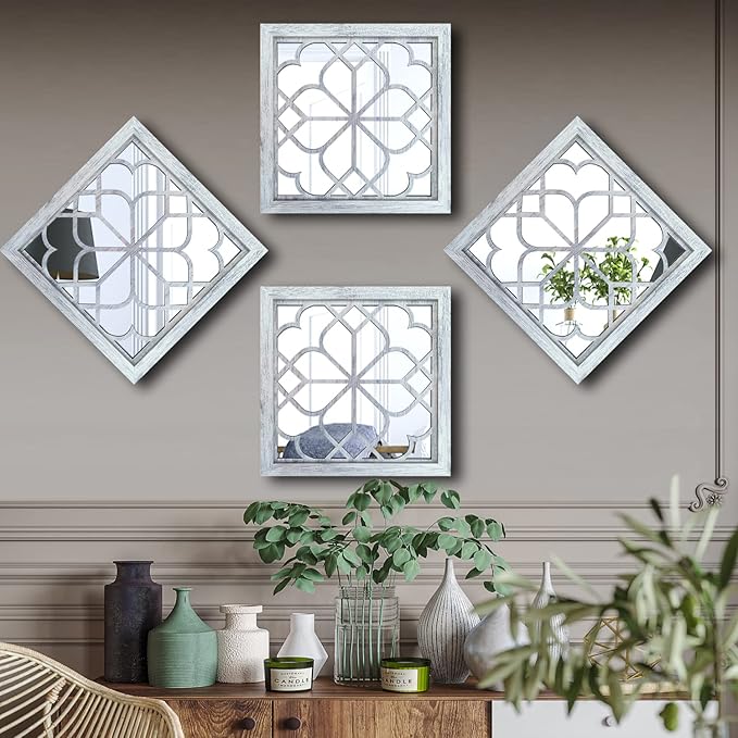Wocred Set of 4 Mirrors Square Wall Mirror,Gorgeous Rustic Farmhouse Accent Mirror,Rustic White Color Entry Mirror for Bathroom Renovation,Bedrooms,Living Rooms and More(12”x12”4pcs)