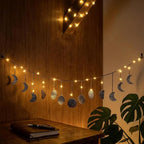 opulinea Boho Moon Phase Wall Hanging, Black Gunmetal Hammered Metal LED Celestial Garland for Bedroom Witchy Home Christmas Decor