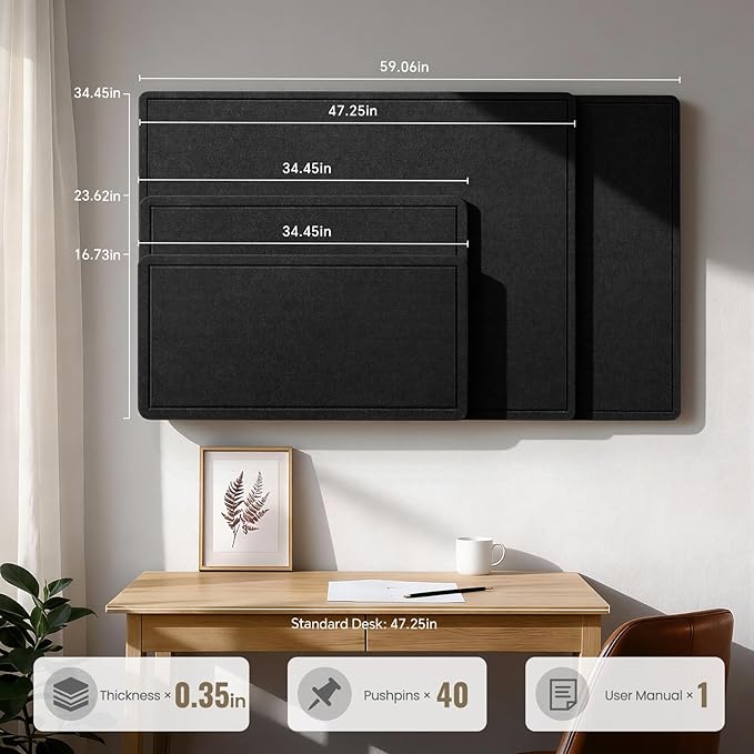 Large Bulletin Board, 48 X 35 Inches Felt Cork Board with 40 Pushpins, Foldable Felt Notice Pin Board Photo Display Board with Self-Adhesive Tape for Office Home School (Black, 48x35 inch)